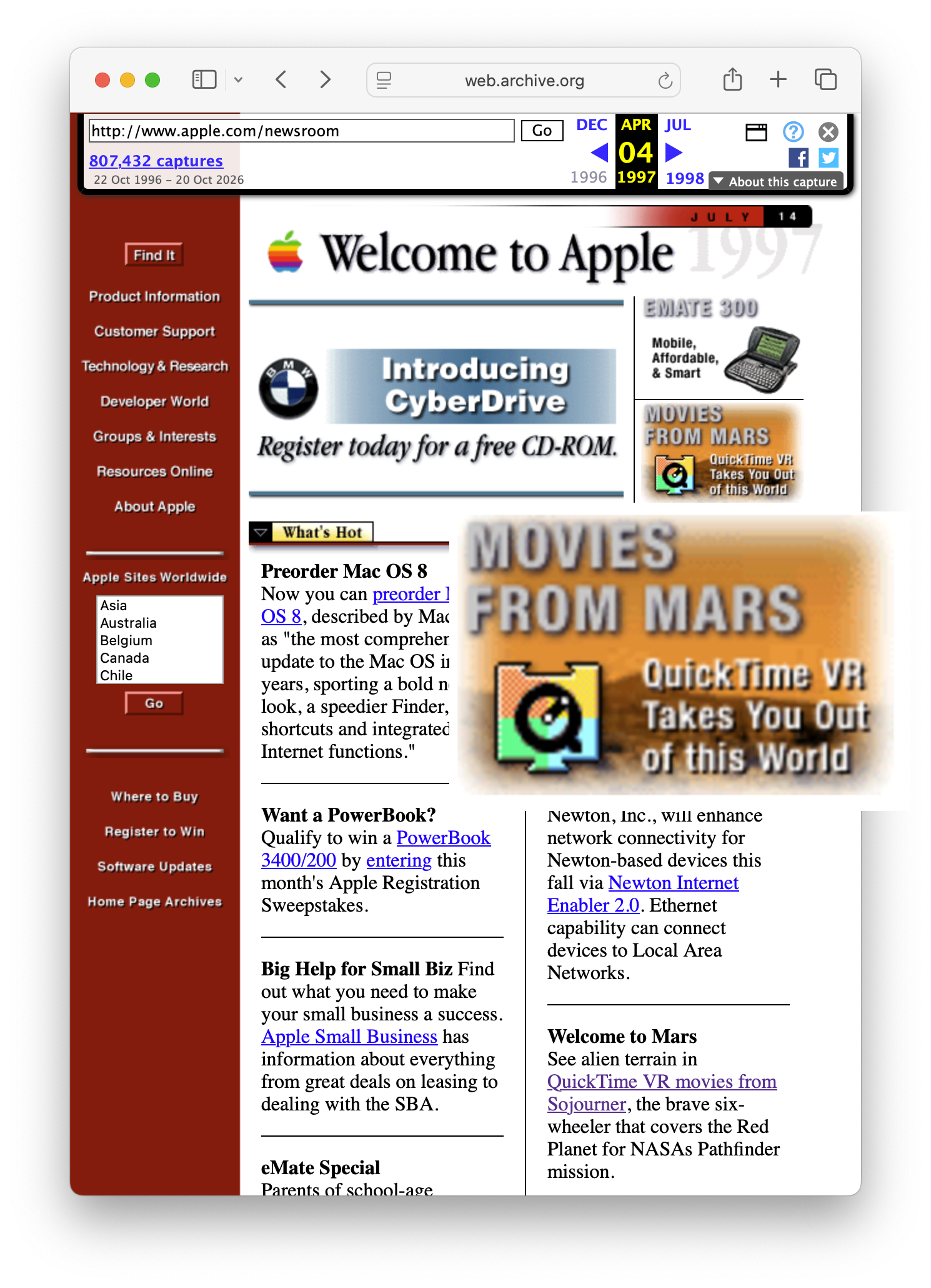 Apple's homepage promotes QuickTime VR in 1997