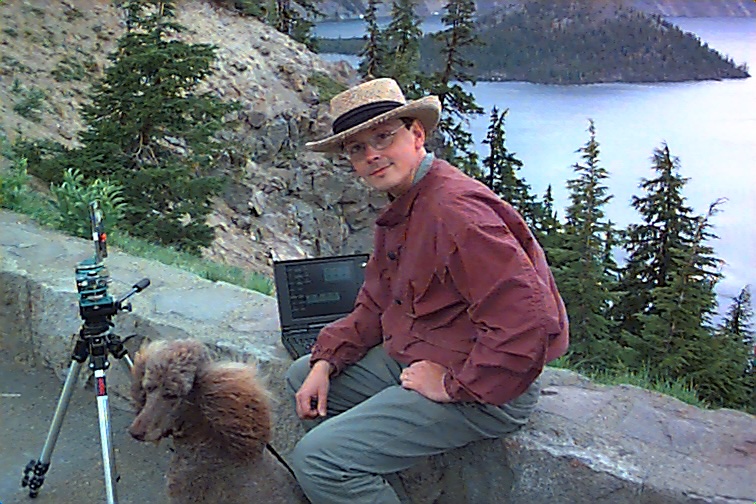Jim Heid with his poodle Trixie at Crater Lake, OR, after shooting a panorama, July 1997